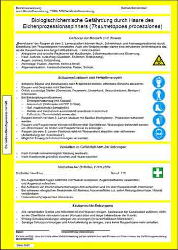 Abbildung 8: Muster-Betriebsanweisung für den Umgang mit den Gespinstnestern des Eichenprozessionsspinners (Thaumetopoea processionea) (Quelle: Spitzenverband der landwirtschaftlichen Sozialversicherung - www.lsv.de/gartenbau/010_gartenbau.../eich_proz_spinner.pdf)