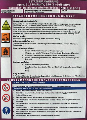 Abbildung 4: Muster-Betriebsanweisung für Arbeiten mit Tauben und Taubenkot – Teil 1 (Quelle: BG Bau)